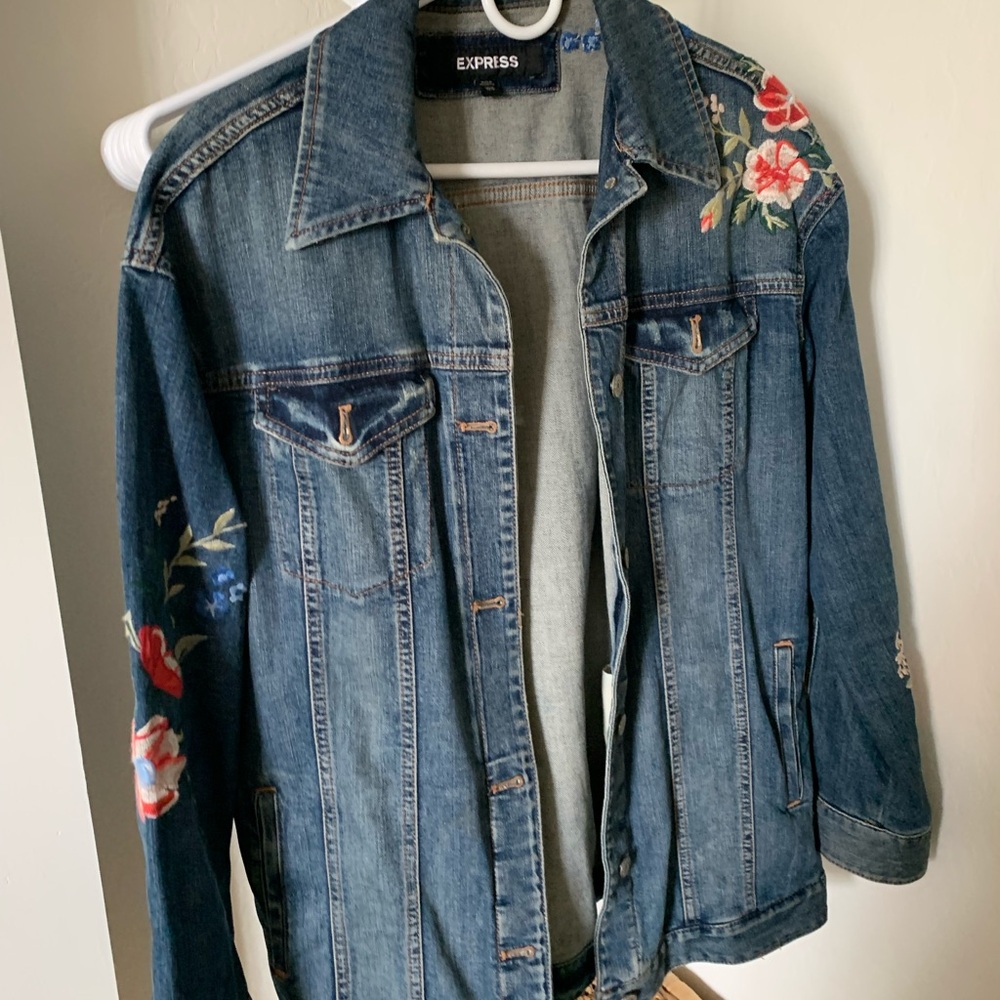 SOLD Express Women's Blue Denim Jacket with Floral Embroidery